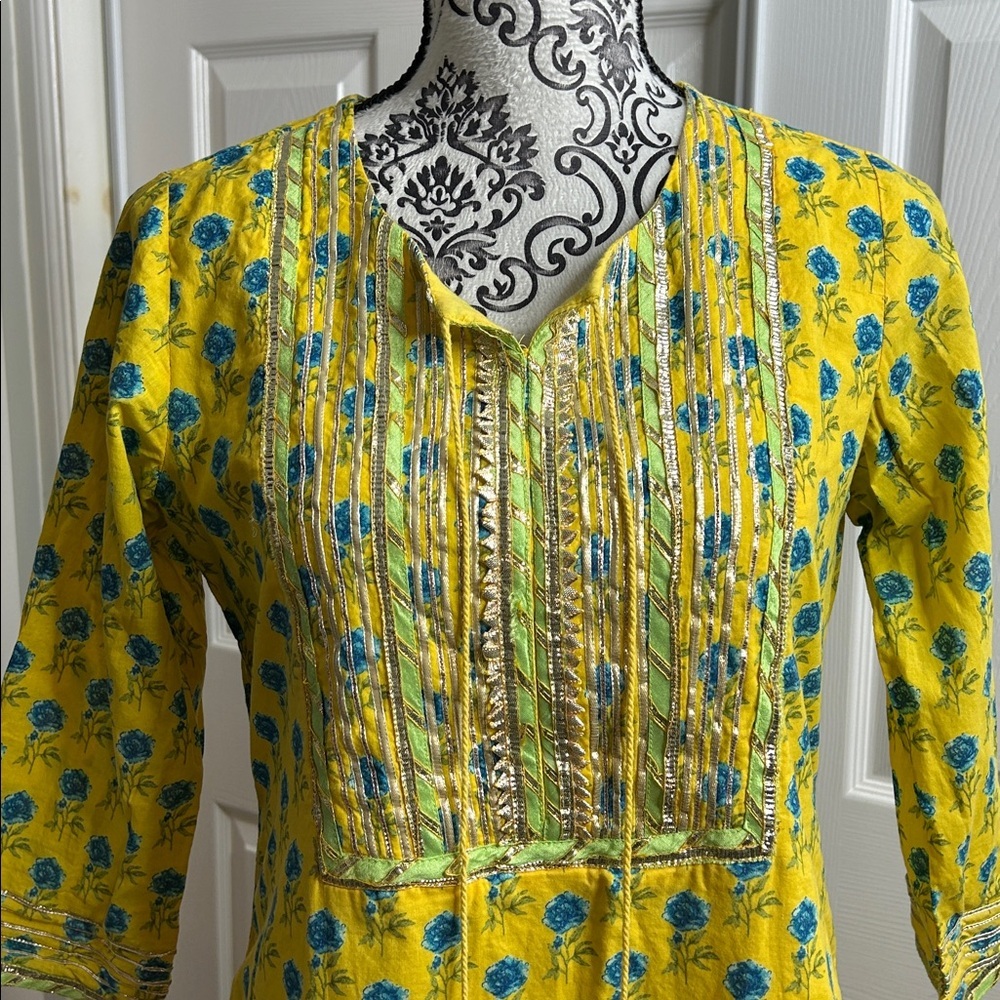 Biba Yellow Blue Floral Long Sleeve Dress Long Silt 34 Tassel‎ - Picture 7 of 14